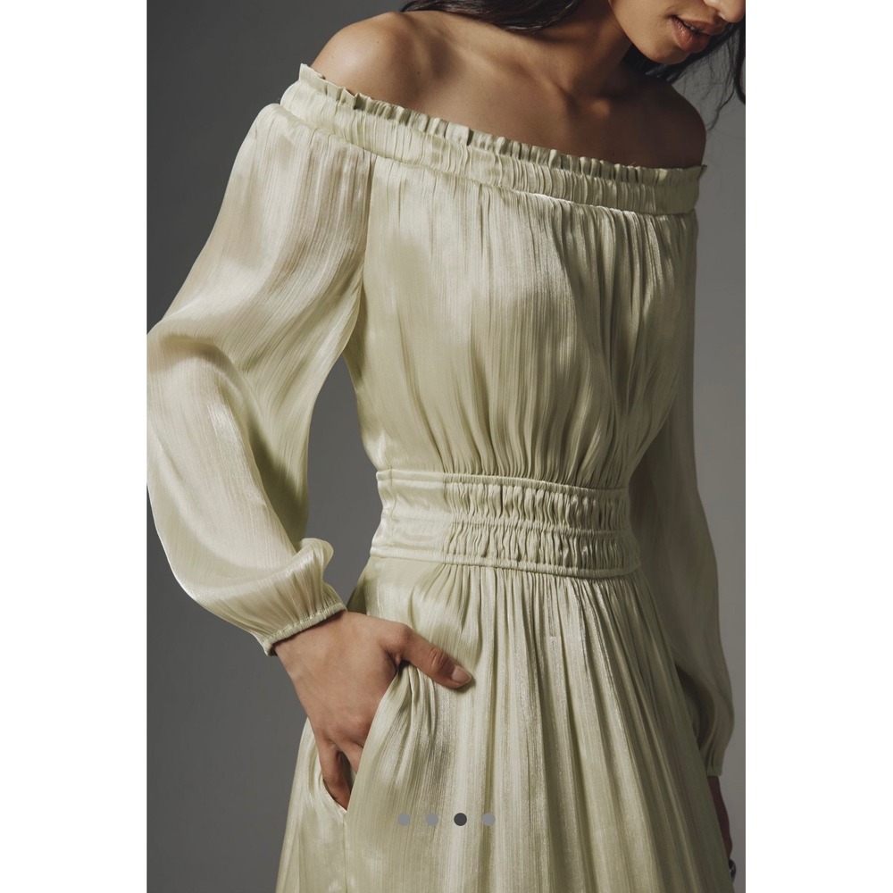 Anthropologie Somerset Off-Shoulder Maxi Dress Green Shimmer Size Small Tiered - Picture 2 of 10
